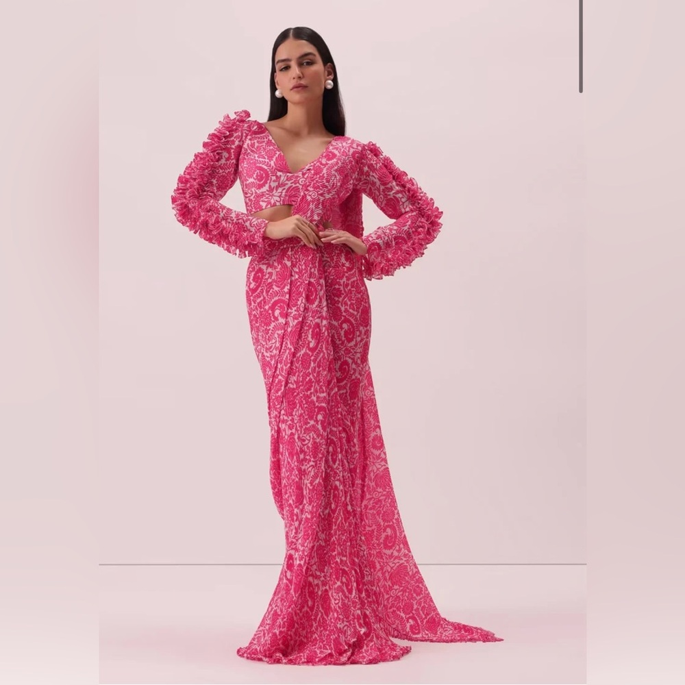 Fuchsia Pink Printed Saree/ Lehenga with Ruffle Sleeve. Top and skirt.